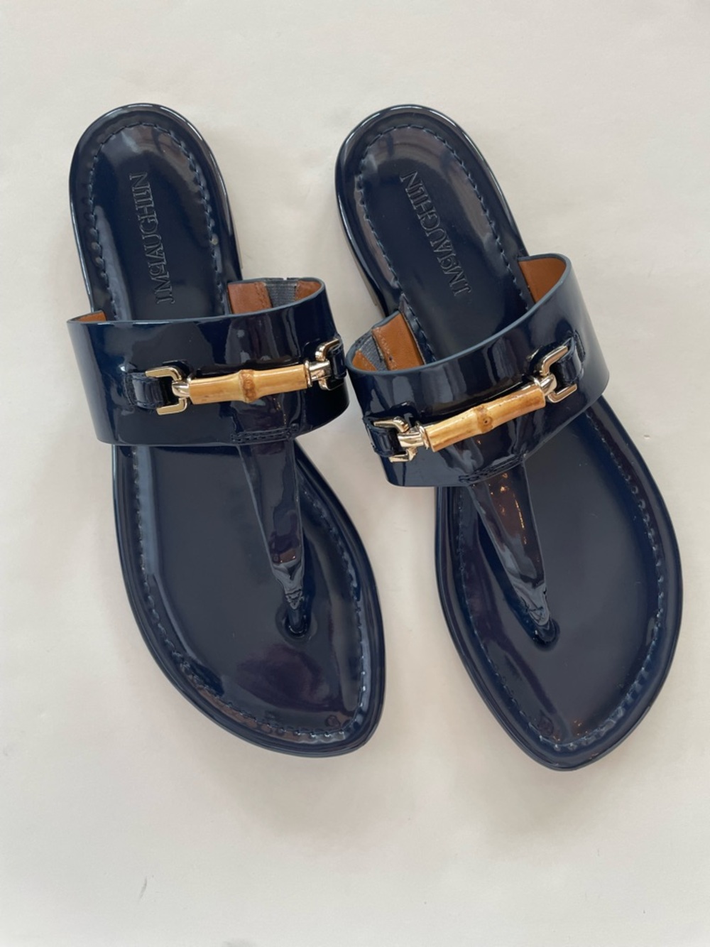J. McLaughlin Navy Patent Leather Thong Sandals with Gold Bamboo Bit